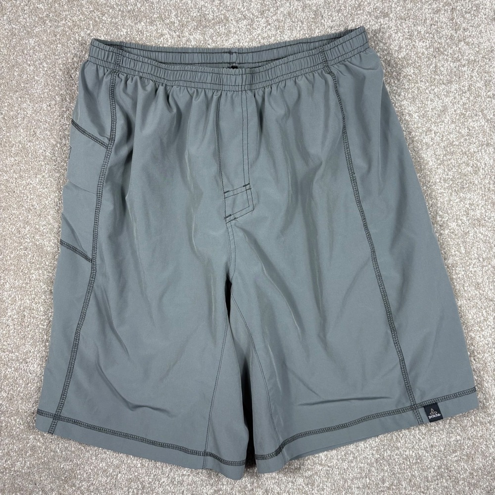 Prana Mens Gray Athletic Hiking Shorts Elastic Waist Side Pocket Size M 9 Inseam